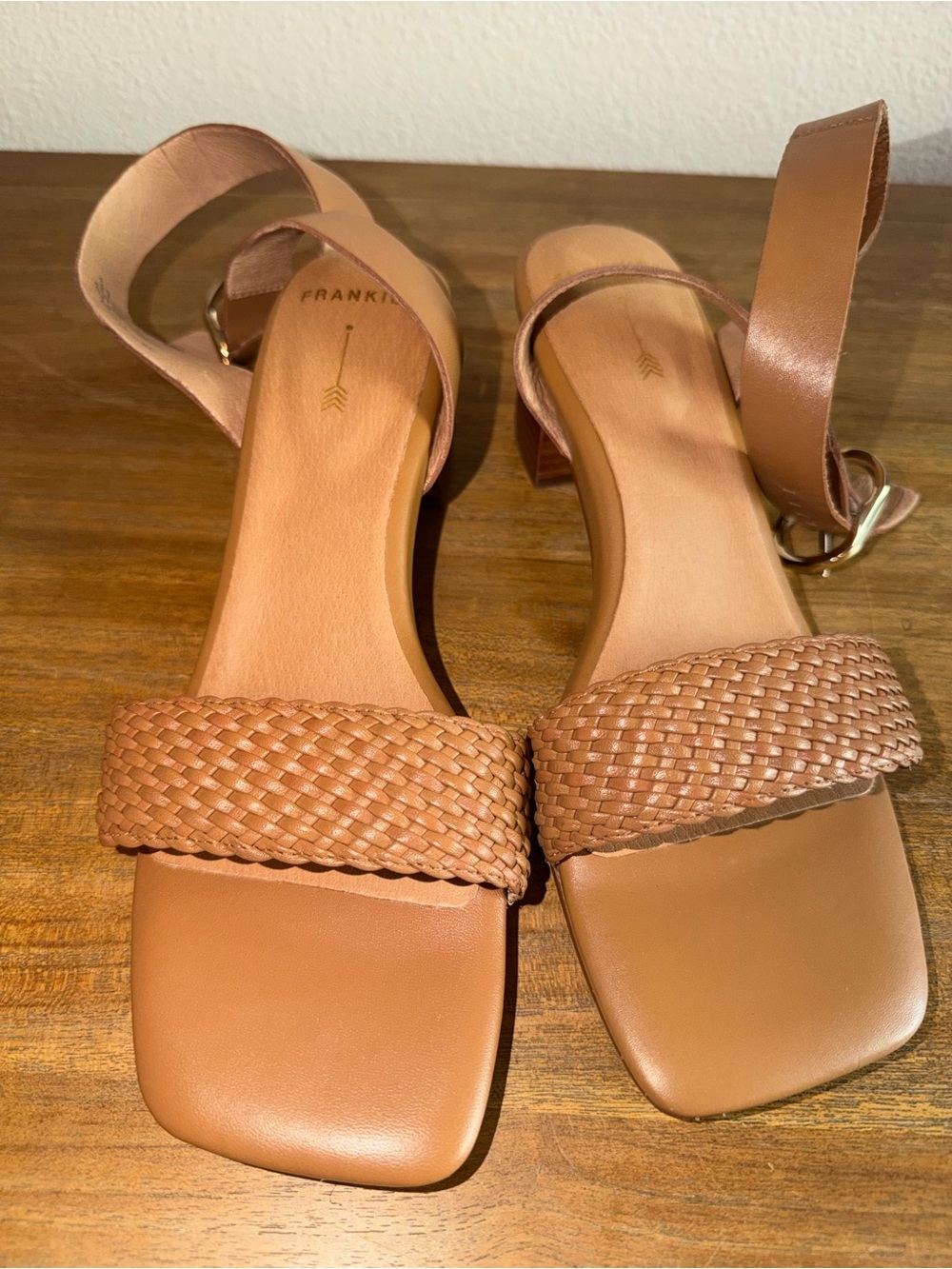 Frankie Flexible Woven Front Strap Block Heel Sandals in Tan